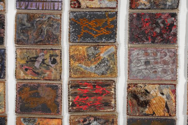Detail: Postcards from the Scrapyard, mixed media, painting, rusting, burning, hand stitching    54"x37.5"x0.5", 2009,  photo: Bob McNair