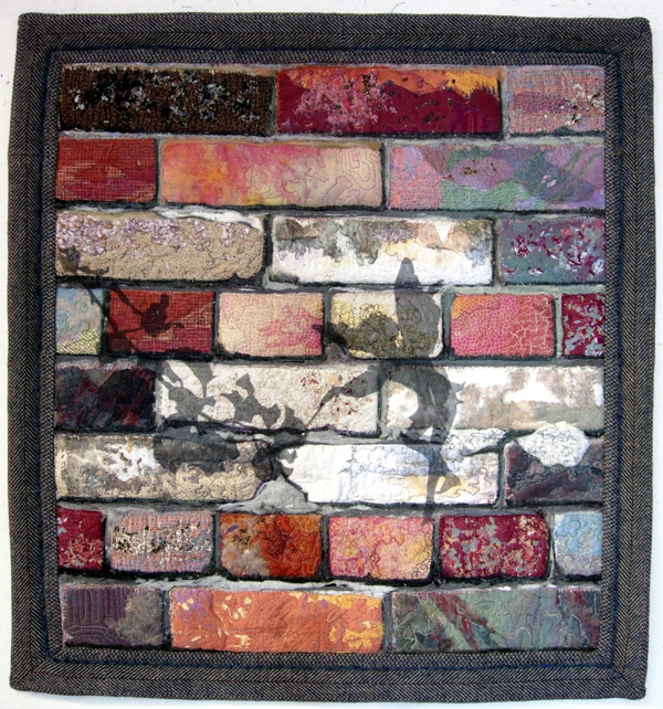 Shadow Fairy, soft framed, 25" x 26", stitched and felted scraps, black tulle, machine stitched