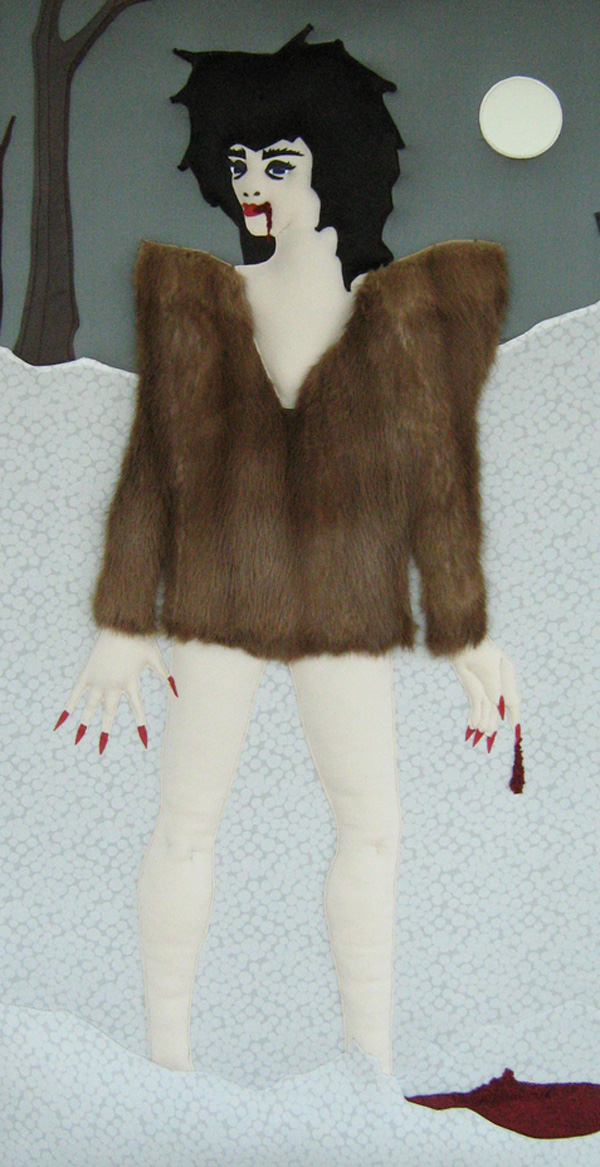 Wolverina, 124cm h x 66cm w x 3cm d, Three-Dimensional Applique (cotton,chiffon, fur, vinyl and leather)