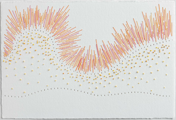 Yellow Fever, 4.5 in H x 6.75 in W, waxed embroidery floss , 4 colours, on Arturo cardstock; Large perforations made on an industrial hemstitching machine; infill stitching/drawing all done by hand using a beading needle. Photo: R. Hensleigh.