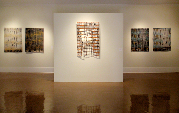 Off the Fence exhibit, Hunt Cavanagh Gallery, Providence College, Providence, RI, USA, 100% cotton. Paint, thread, 100% cotton batting, Monoprinted, handstamped, handpainted, stitched, machine quilted, Photo credit: Jeanne Williamson.