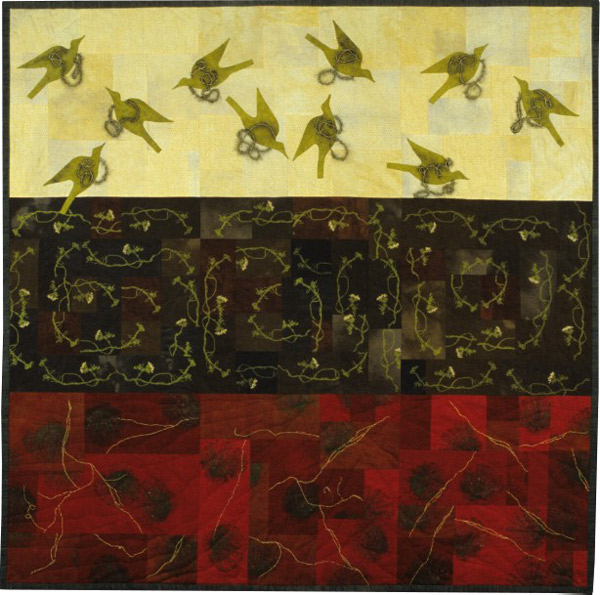 Coral Pollen Pearls, 60 x 60, Hand dyed fabric, silkscreen, drawn and rubbed with dye stick, embellished with French knots, hand applique, machine pieced, hand quilted. Photo: Mark Frey.