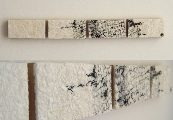 4 squares: all are 5cm x 10cm, Handmade Felt made of Merino Wool, Silk, screen print & embroidery on wood, Photo: Kerstin Bennier, 2012