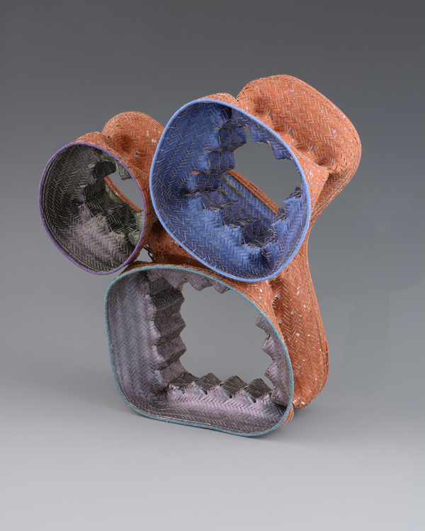 Pythagoras 1, watercolor paper, acrylic paint, waxed linen thread, 2014, 6 x 5 x 4", diagonal twill woven basketry, sewn rim, Photo: Ken Rowe