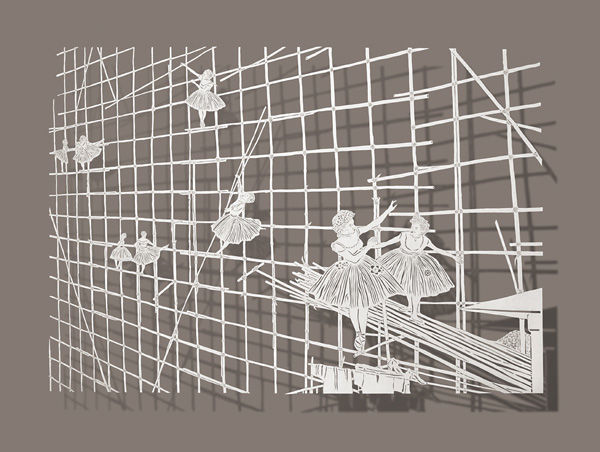 Bamboo Ballet, 37.5”x27”, Cut Paper, Chinese Rice Paper on Silk