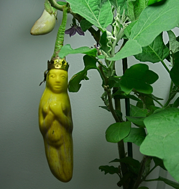 Product of Eden, 2007, eggplant& brass, figure is 6" long