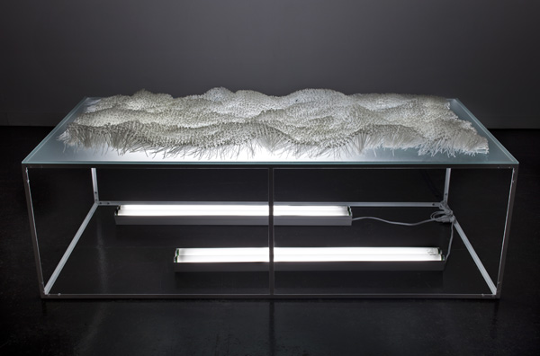 Flot, 2011, Zip-Ties, glass, painted steel and neon, 28.25 x 76.5 x 38.5 inches, Michel Dubreuil photo credit