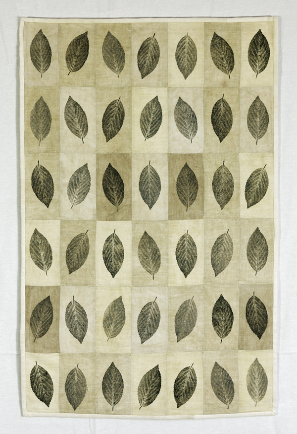 Forest Floor, 2010, 21” x 33”, leaf printed, plant dyed vintage linen, hand stitched with wool thread, photo: Peter Aaslestad