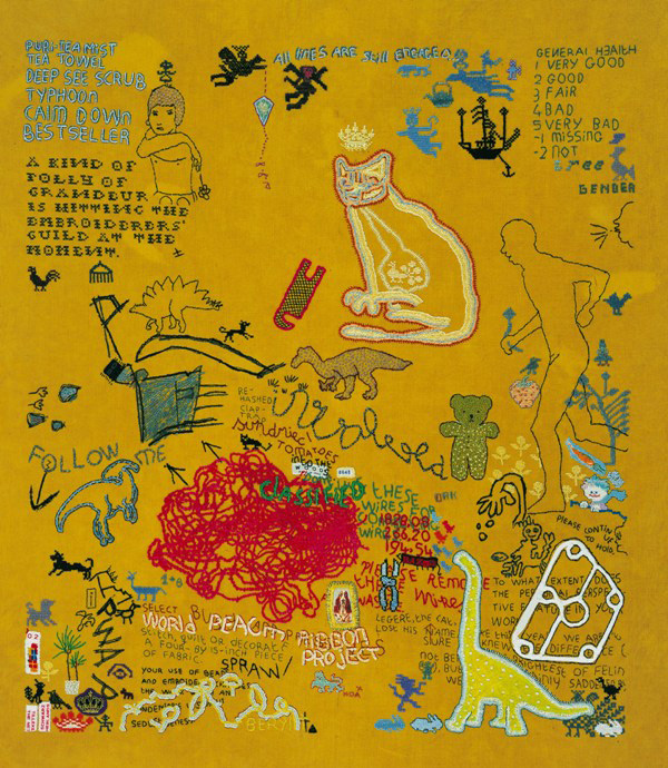 Into the woods, hand embroidery on fine linen (50 count, evenweave) with a variety of fine threads (cotton, silk, rayon, polyester, metal).74 x 66 cm. Photo: Rob Mostert.