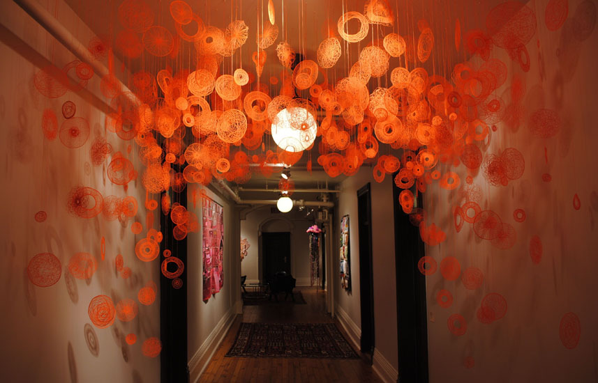 Super-spiro-scribble Density Test, Thread Machine Embroidery, Dimensions Variable, 2010, at the Gladstone Hotel, Toronto.