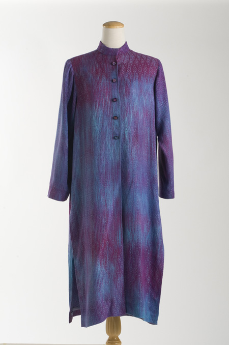 Wisteria, Handwoven and dyed 100% silk 16 shaft pattern long shirt. This piece was a finalist in the 2011 NICHE awards in the US, photo credit:  Pete Paterson