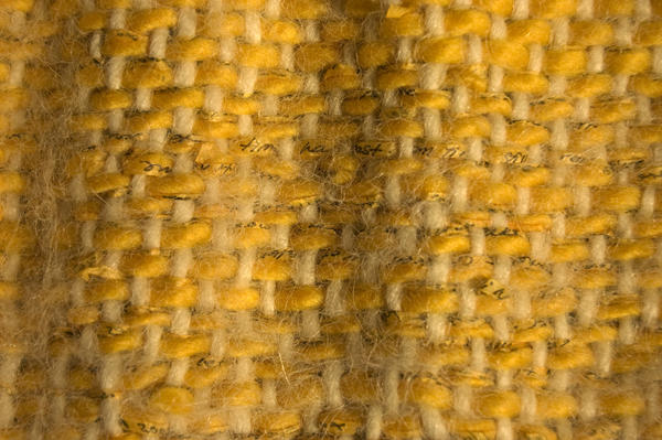 Detail: Sanctuary, hand woven triple cloth of hand spun wool, hand dyed gampi tissue with written personal narrative. 260 cm x 455 cm, 2009. Photo: Noelle Hamlyn.