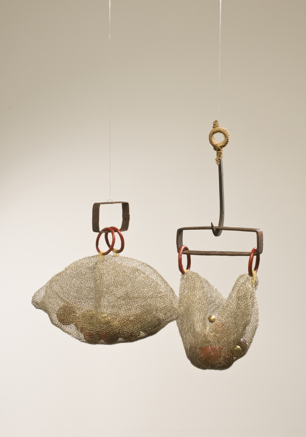 Cross Hatched Pods, 2009, 13.5" x 6" x 15.5", 23.5" x 9" x 15.25", Wire, wood, iron, paint. Technique crochet. Photo: John Carlano.