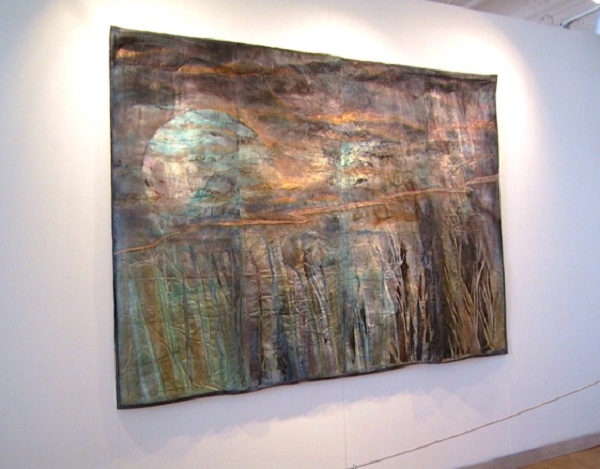 Nocturne, Waterland series, Beneath The Surface touring exhibition. Installation at the Metropole Galleries, Folksetone, UK. Paper and textiles layers, dye, paint, print, machine and hand embroidery, 200x160cm. Photo: Cas Holmes.