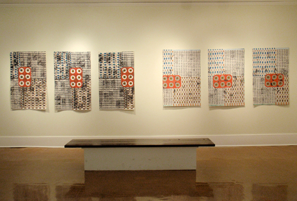 Off the Fence exhibit, Hunt Cavanagh Gallery, Providence College, Providence, RI, USA, 100% cotton. Paint, thread, 100% cotton batting, Monoprinted, handstamped, handpainted, stitched, machine quilted, Photo credit: Jeanne Williamson.