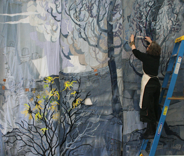 From the East, 2011, 16'X12', deconstructed jeans and clothing, machine stitching,