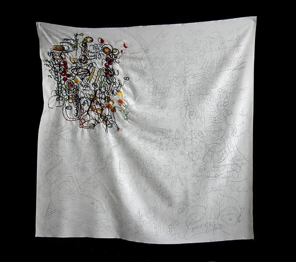Drawing 1 work in progress, 2010, Pencil and hand embroidery on silk, 80x80cm, photo: Istvan Zsako