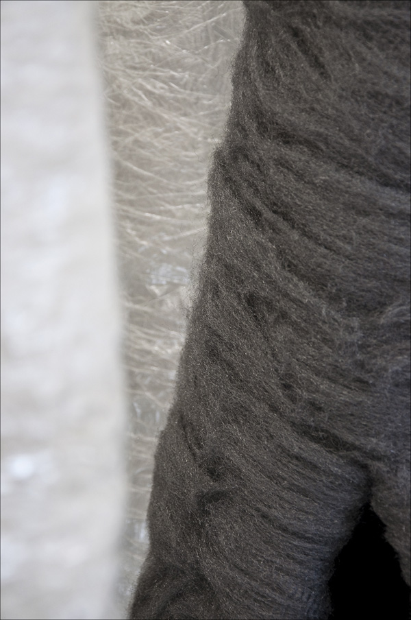 Detail: WifeMother; 2012; dimensions variable (approx 144"x30"x30"each piece); steel wool, adhesive tape, wire, skewers, stickers, acrylic paint, pvc filament