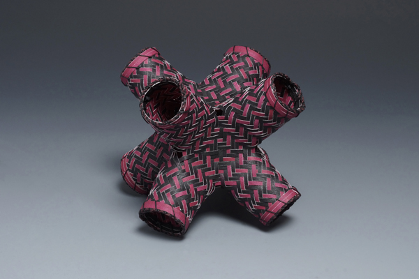 Hexahedron, watercolor paper, acrylic paint, waxed linen thread, 2013, 6 x 6 x 6", diagonal twill woven basketry, sewn rim, Photo: Ken Rowe