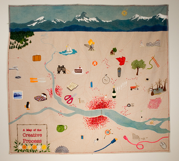 A Map of the Creative Process (for Tourists), 2009, 150cm w x 140cm h, fabric paint, hand and machine embroidery