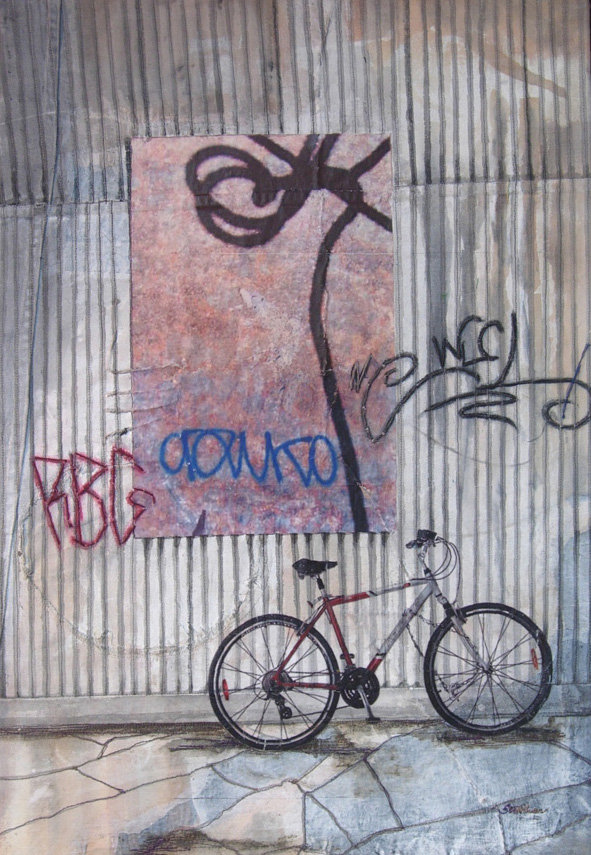 Back Street in Florence, 20" x 30" framed, collage and image transfer on repaired and painted canvas, machine stitched.