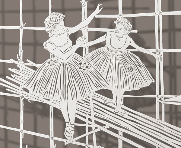 Bamboo Ballet, detail, 37.5”x27”, Cut Paper, Chinese Rice Paper on Silk