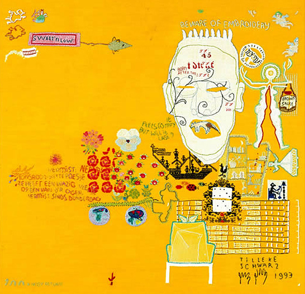 Beware of embroidery, hand embroidery on fine linen (50 count, evenweave) with a variety of fine threads (cotton, silk, rayon, polyester, metal). 70 x 65 cm.Photo: Rob Mostert.