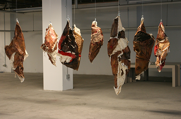 Meat Market, (Chashama, NYC) Acrylic & Oil on Canvas, Raw Canvas, Cloth and Meat Hooks, 2010, dimensions variable, hand knotted installation. Photo: Courtesy of the artist.