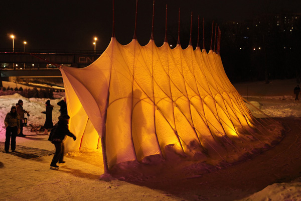 Cocoon at night with shadows from visiting skaters