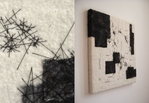 One square, 50cm x 50cm, Handmade Felt made of Merino Wool, Cotton Fabric, Silk & Embroidery
Photo: Kerstin Bennier, 2011