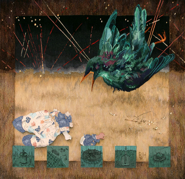 Ozymandias, 2004, 5'2"x5'6," linen warp. cotton and wool weft, some handspun, bones, woven tapestry, photo by Ted Clark.