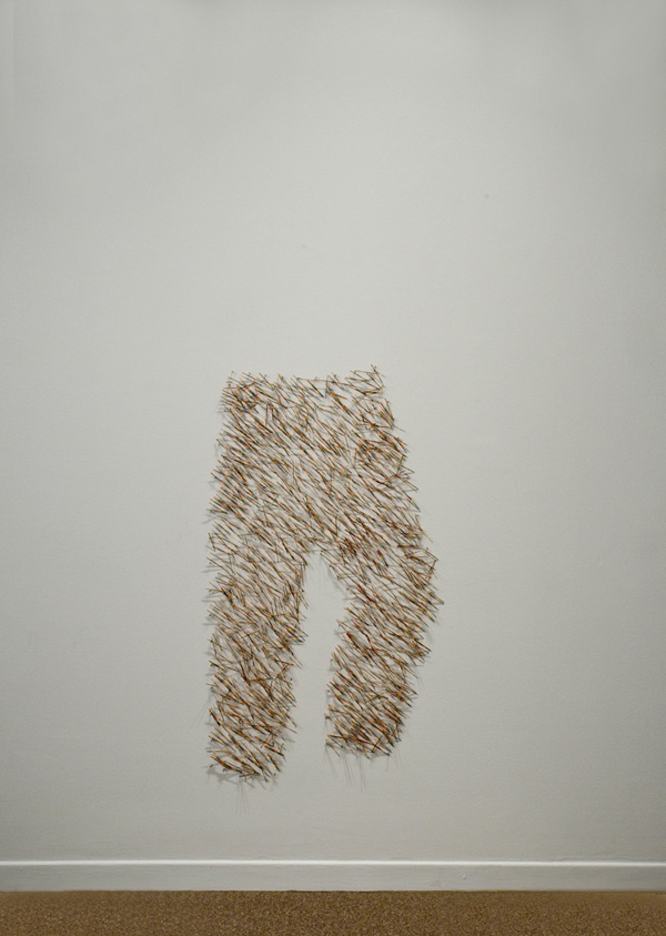 Rainbow Legs, 104 x 55 x 4 cm, toothpick, water colour, cotton thread and nail, photo: Cheryl O'Brien