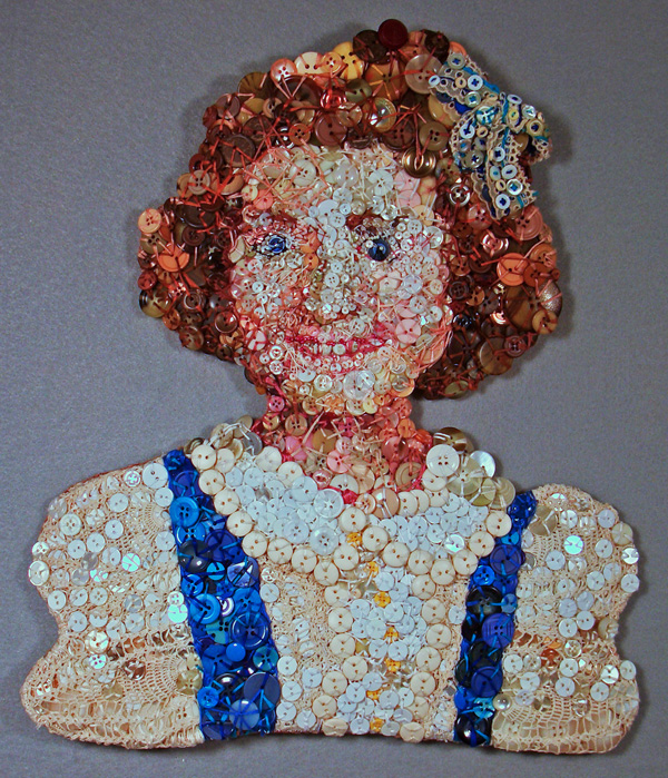Self Portrait on The Happiest Christmas, 2011, 16"H x 14"W x 1"D, Mixed Media:  Buttons, beads, embroidery thread, antique trim and crocheted doilies over needlepoint canvas and wire armature. Wool felt backing