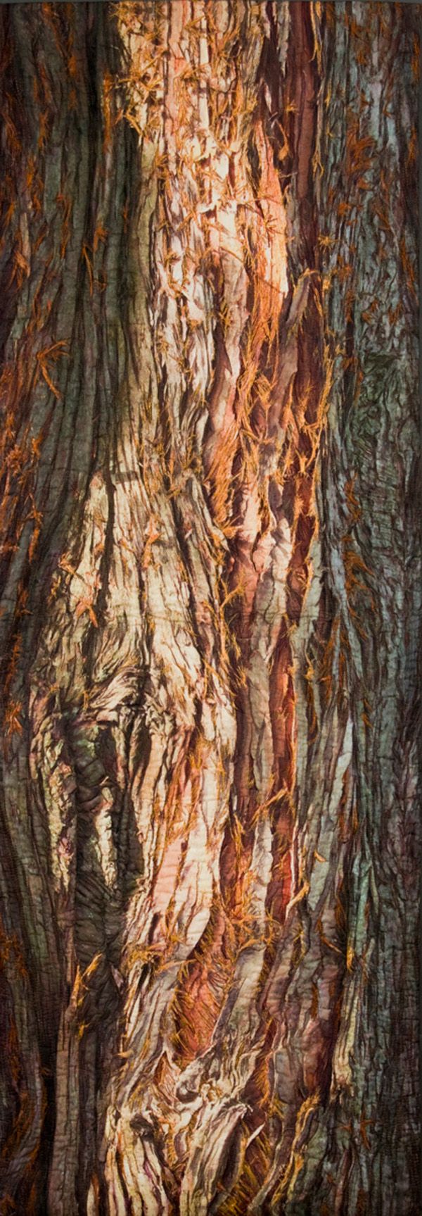 Sequoia, 22" X 65", 2009,     Materials: Digital image on cotton, archival pigment based inks, unbleached cotton, Setacolor fabric paints, assorted threads, cotton batting, Techniques: Digital photo transfer, fabric painting, quilting, Photo: Carolyn Pihach. 