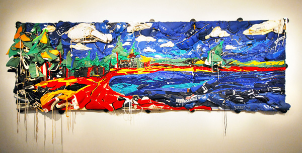 Bayside Field: A View to St. Croix Island, recycled hockey gear and oil paint on plywood, 120" x 60" x 60", 2008.