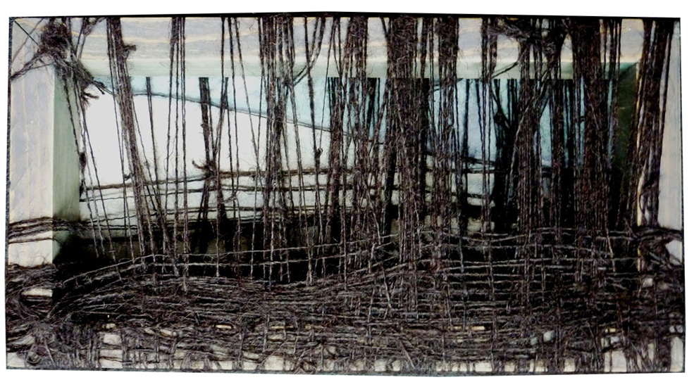 Woods 1, 2009, Pine, burlap, oil, 6 inches x 12 inches.