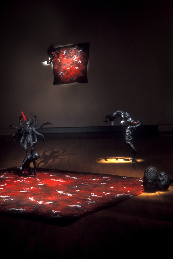 Proverbs of Hell, 11" x 6" x 5", 2001, Japanese tissue paper, acrylic ink, oil based marble, oil paint, wire armatures filled with rigid polyurethane foam, wax, pigment, human hair. Installation at Museum of Contemporary Canadian Art. Photo: Isaac Applebaum