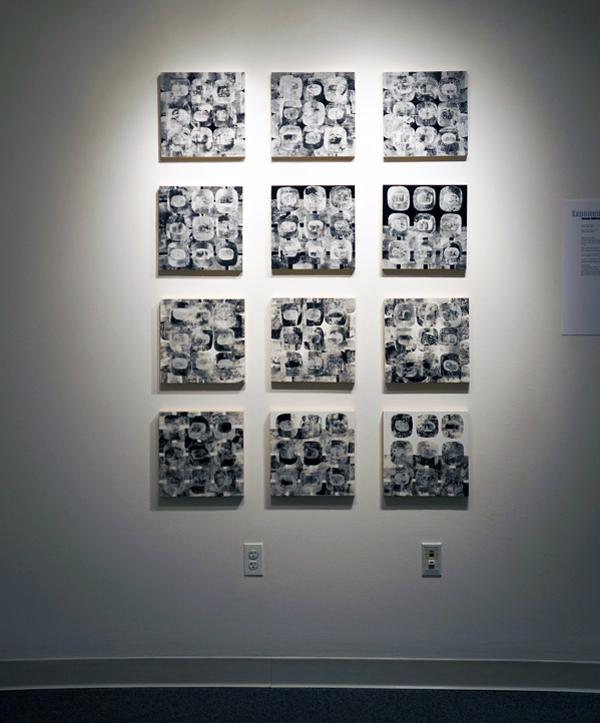 Fence Holes Squared #1-12, 12 x 12" x 1" each, Exponential: Four Artists Explore Infinity exhibit, The Gallery at Mount Ida College, Newton, MA, USA, 100% cotton, paint, wood, Monoprinted fabric and handpainted on cradled boards, Photo credit: Jeanne Williamson