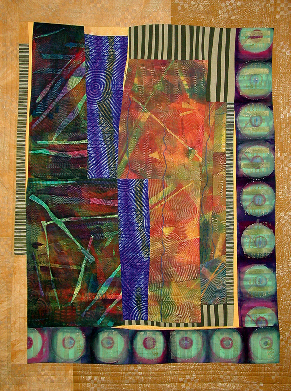 Downtown, 42" x 57", Quilt. Cotton, cotton canvas, clamp dyed, stamped dyed, painted, machine pieced, hand and machine quilted. Photo: David Caras