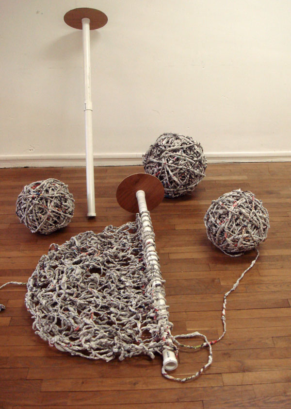 Overlay (in progress), newspaper, spinning technique and knitting technique, Le Vigan, France, 2010