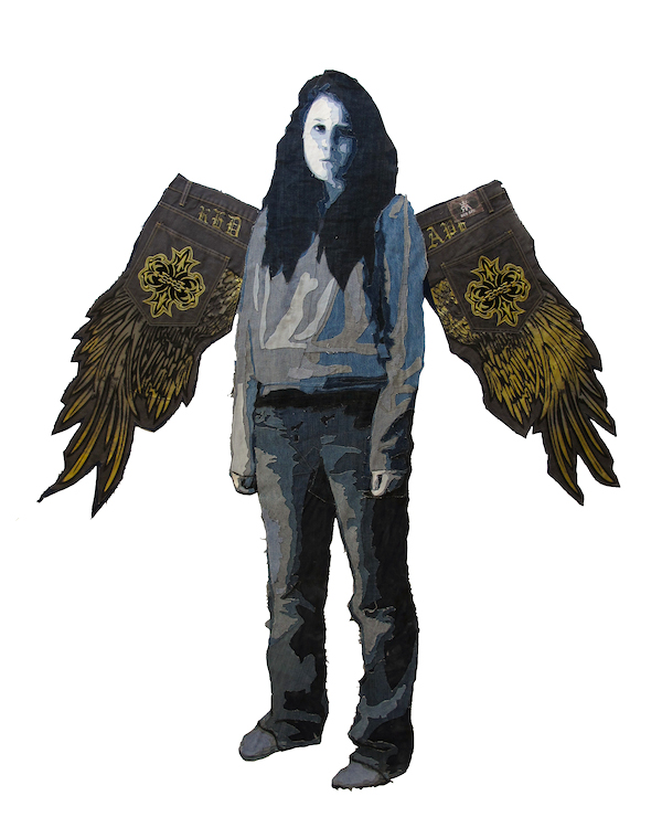 Ellie, denim, 2012, 67 x 60 inches, denim applique, Photo: James Arendt.
 