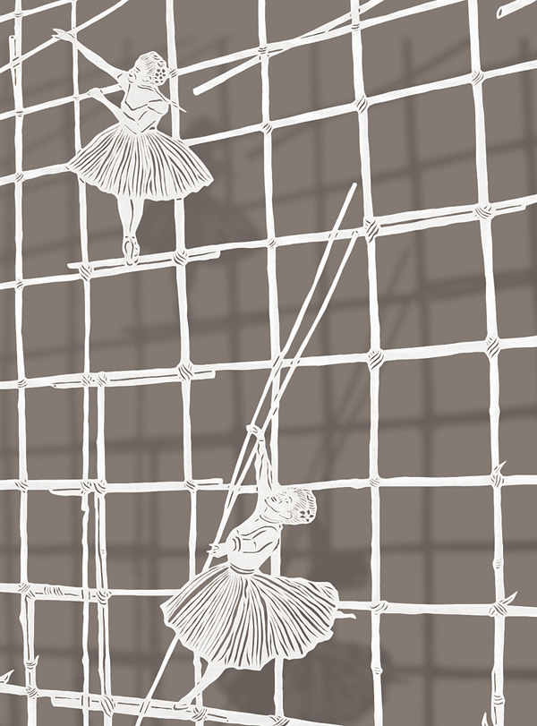 Bamboo Ballet, detail, 37.5”x27”, Cut Paper, Chinese Rice Paper on Silk