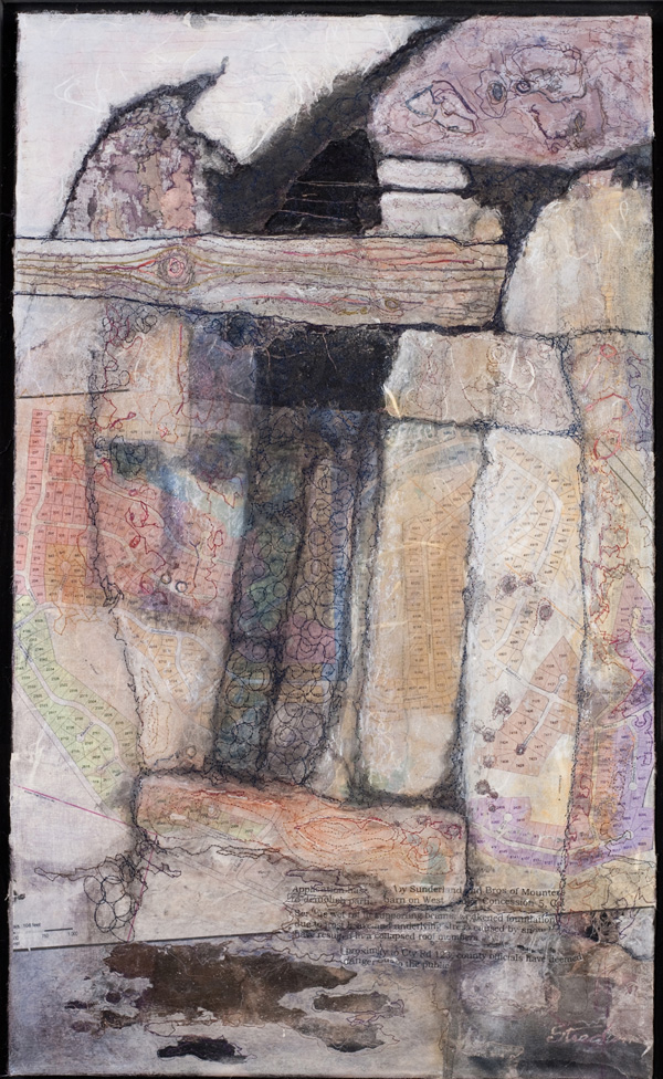 Barn Ruins, 20" x 32" framed, distressed fabrics and cheesecloth on painted canvas, collage and image transfer, (subdivision map), hand and machine stitched.