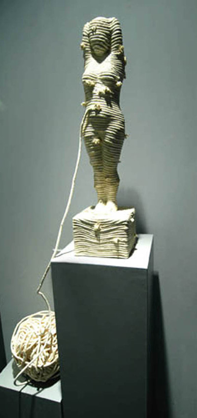 Beginning to End: 29" x7"x7", Hydrostone rope, glue, acrylic paint, wood