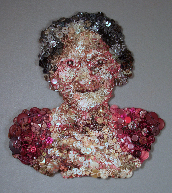Clara, 2010, 12"H x 11"W, Mixed Media:  Buttons, glass beads, embroidery floss, needlepoint canvas, wire. Button work