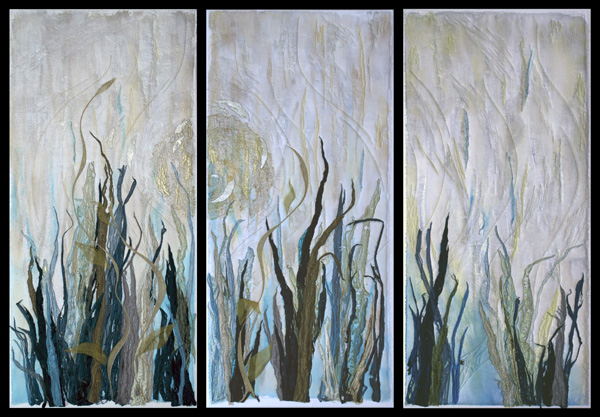 Echoes from Beyond Within, 2011, 10" (h) x 14" (w) – 3 panels, Materials: Hand painted linen; Commercial fabrics; Pewter and brass mesh; Silk fibres; Various threads; Glass beads, freshwater pearls; Mounted on fabric wrapped wooden frame, Techniques: Collage; Acrylic textile paints; Thermo-fabrication with heat gun; Free motion stitching; Sheer overlay; Handmade silk paper; Couching; Bobbin stitching; Hand beading.
 
Artist Statement:
I wonder what it would feel like, to step into the 'beyond'... what would we see... what smells would we take in and make into a part of our being... what sounds would envelop and hold us there. Text embedded under 'sun' image:  We reach out, cutting through the fog of our mind, hoping to ride the rhythm of our heart - calling to our secret strength. It is difficult to keep our breath calm, controlled. We must let our need speak for us - send it spiraling into the mist.