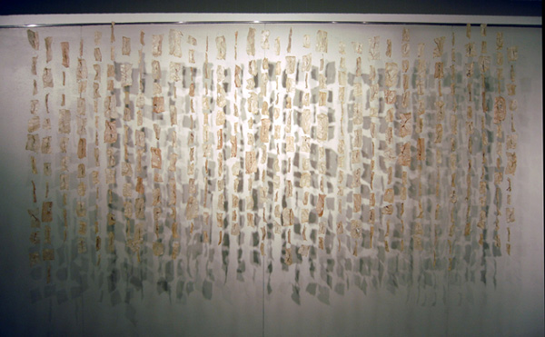 The First Year of Grief
 
Every day
never feels
like the yesterday
I need it to.
 
2011 ~180' H x 365' W x 1 D cm (size variable depending on installation) materials: silk organza, wax, waxed linen thread, powdered drink mix, tea techniques: encaustics, hand-stitching photo: Megan Bostic.