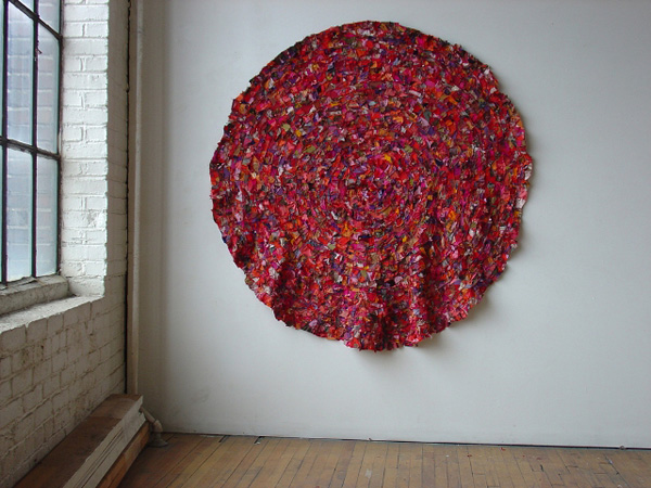 Folded Circle (redeeming vermilion), 2009, 60 x 60 inches,fabric, thread, Machine-pieced