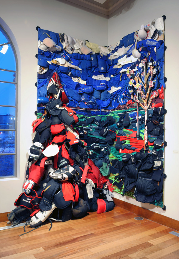 Grand Lake, recycled hockey gear and oil paint on plywood, 48" x 144", 2007.