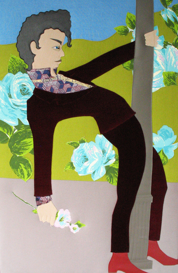 Milano Man, 75cm h x 50cm w, Three-Dimensional Applique (cotton, silk, velvet, vinyl and leather)